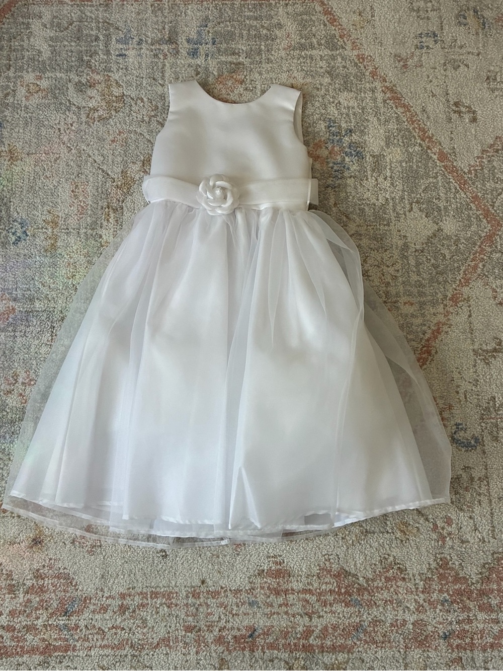 White Flower-Appliqué Satin Tulle Girls' Dress